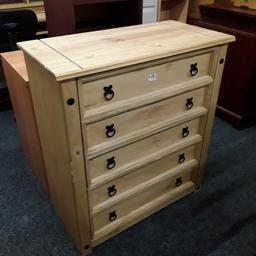 SALE - Was £80 NOW £68.

This lovely solid corona pine chest of drawers are in good all-round used condition. Some marks on the wood in places here and there and a few light scratches on the side corner edge...

31.5 inches wide x 16 inches deep x 35 inches high.

Our second hand furniture mill shop is LOW COST MOVES, at St Paul's trading estate, Copley Mill, off Huddersfield Road, Stalybridge SK15 3DN... Delivery available for an extra charge.

There are some large metal gates next to St Paul's church... Go through them, bear immediate left and we are at the bottom of the slope, up from the red steps... 

If you are interested in this or any other item, please contact me on 07734 330574, or on the shop 0161 879 9365...Many thanks, Helen. 

We are OPEN Monday to Friday from 10 am - 5 pm and Saturday 10 am - 3.30 pm... CLOSED Sundays.  CLOSED Bank Holiday long weekends...