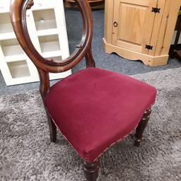 SALE - Was £110 NOW £85.

This lovely vintage solid oak open backed chair with cranberry coloured fabric seat is in very good all-round used condition...

19 inches wide x 17.5 inches deep x 37 inches high.

Our second hand furniture mill shop is LOW COST MOVES, at St Paul's trading estate, Copley Mill, off Huddersfield Road, Stalybridge SK15 3DN... Delivery available for an extra charge.

There are some large metal gates next to St Paul's church... Go through them, bear immediate left and we are at the bottom of the slope, up from the red steps... 

If you are interested in this or any other item, please contact me on 07734 330574, or on the shop 0161 879 9365...Many thanks, Helen. 

We are OPEN Monday to Friday from 10 am - 5 pm and Saturday 10 am - 3.30 pm... CLOSED Sundays.  CLOSED Bank Holiday long weekends...