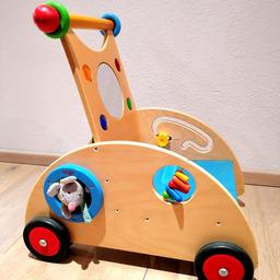stabiler Lauflernwagen aus Holz mit Stoffmaus, Mausversteck und vielen Spielmöglichkeiten, Holzwagen mit Sitzfläche