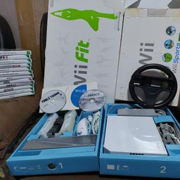 Nintendo Wii bundle all boxed.

Game bundle 
Wii fit board with game 
Two controllers with sleeves
Two nun chucks 
Wheel 

I also have a unlocked Wii that you can download games too with this bundle. you can have it 😊

All good condition cash on collection from Chesterfield only please thank you £50