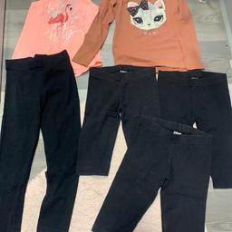 AGE 7/8 YEARS SELECTION OF GIRLS CLOTHES 2 x TOPS, BLACK LEGGINGS & 3 PAIRS BLACK CYCLE SHORTS