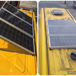 Includes:

3 x 100w 12v monocrystalline compact design solar panels (Renogy)
Tilting frame for fitting panels to roof - pic 1

AGM 230ah 12v battery - pic 2

Rover Li 40amp MPPT solar charge controller (Renogy) and battery temperature sensor - pic 3
Isolator switch -pic 3

Battery voltage reader - pic 4
Inline fuse - pic 4

Solar cable entry box - pic 5

All cables and adaptors needed