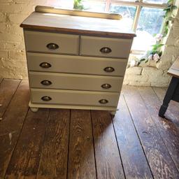 Solid chest of drawers,painted in a Yorkshire stone colour,with top sanded back and sealed with dark wax and new antique brass handles fitted,width 29.5 inches,depth 16 inches,height 28 inches,free local delivery.