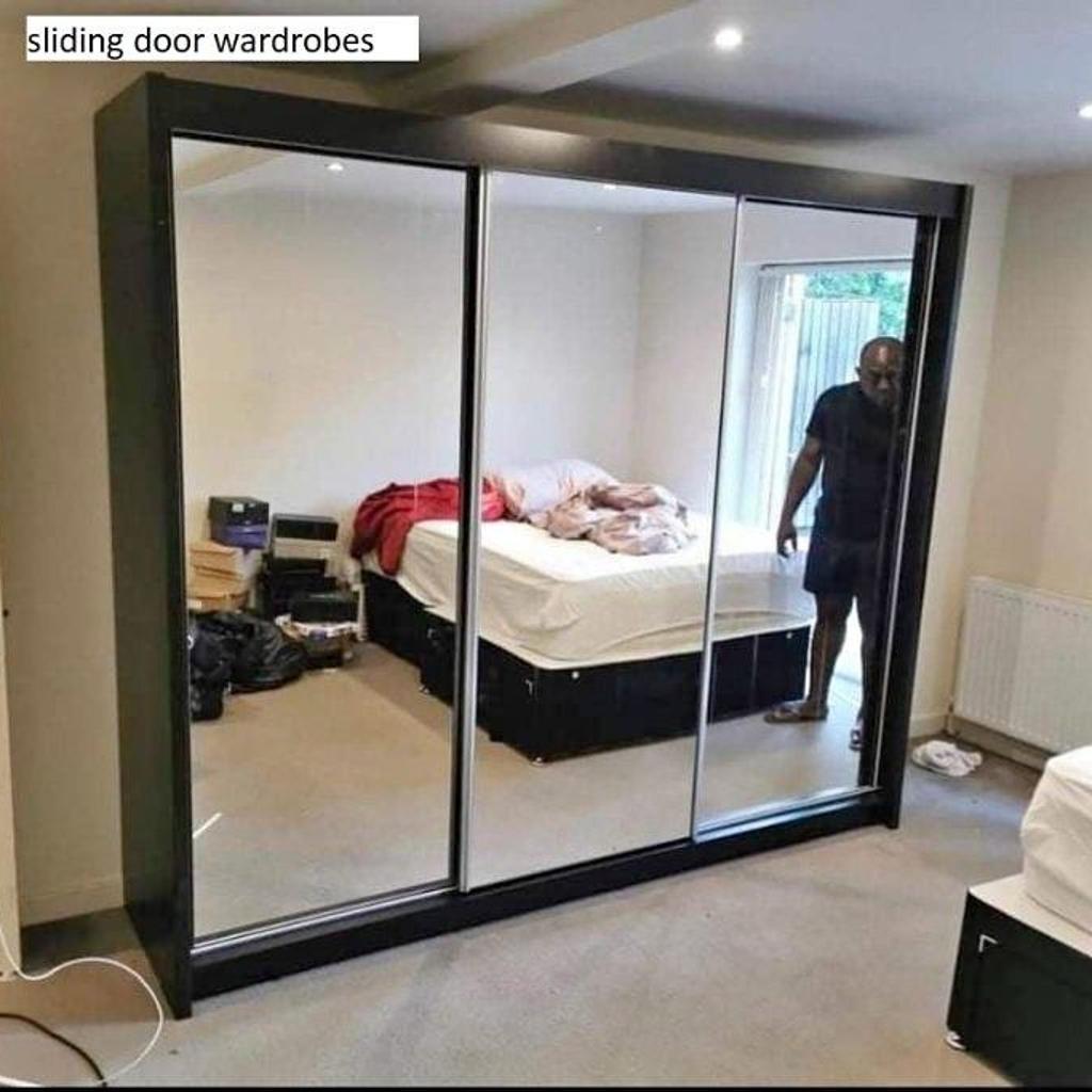 "FAST DELIVERY"
Benefit:-
"Styling options"
"Multiple uses"
"Make rooms appear bigger"
"Maximizing storage"

A mirrored sliding door is notorious for making
smaller rooms appear bigger than they actually
are Unlike hinged wardrobe doors,sliding mirror doors
provide easy access through a single door width
without opening and shutting multiple doors.
Mirrors are known to reflect back.

Specifications:-

90cm includes:
2 sliding mirror doors
2 Large shelves
1 hanging rail.

120cm includes:
2 sliding mirror doors
5 shelves
2 hanging rails.

150cm includes:
2 sliding doors
4 shelves
2 hanging rails

180cm includes:
2 sliding doors
4 shelves
2 hanging rails

203cm includes:
2 sliding doors
10 shelves
4 hanging rails

250cm includes:
3 sliding doors
3 draws
6 shelves
2 hanging rails
Full Mirrored Sliding Doors

Contact me on my business whatsapp for more information
(07438091615).
