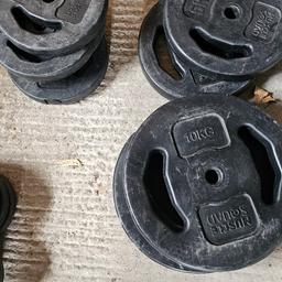 Weights for sale 
One  5lb barbell bar included that you can change the length of and take apart. 
2x10kg
2x5kg
5x2.5kg 
2 years old. Will wipe them down when sold.


can deliver depending on location