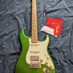 player plus HSS Stratocaster in cosmic jade. made in Mexico. purchased new March 2023, have receipt, original box, trem arm, case candy and unused fender gig bag. like new aside from usual scratches on neck plate. 12" radius maple fretboard, rolled edges. locking tuners. schaller strap locks fitted but can include original strap buttons. push pull switch in volume knob to split the humbucker. like new. can try it out first. for sale elsewhere so may remove. no offers