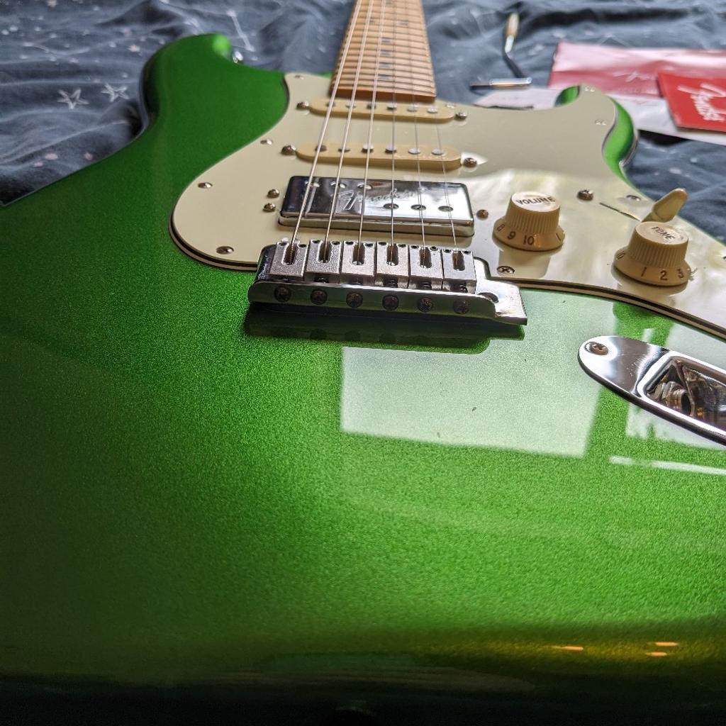 player plus HSS Stratocaster in cosmic jade. made in Mexico. purchased new March 2023, have receipt, original box, trem arm, case candy and unused fender gig bag. like new aside from usual scratches on neck plate. 12" radius maple fretboard, rolled edges. locking tuners. schaller strap locks fitted but can include original strap buttons. push pull switch in volume knob to split the humbucker. like new. can try it out first. for sale elsewhere so may remove. no offers