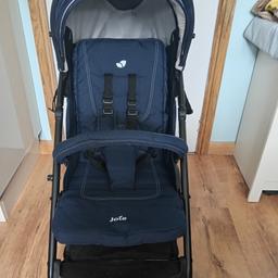 Joie brisk stroller in Navy
Birth to 36 months
Expandable hood for wind /sun
Shopping basket
Detachable front bar
Quick fold
Fully reclines
Stroller liner/ footmuff
Raincover
Good clean condition, occasional use grandparents only
Good sturdy stroller
Minimal wear 
Any questions please ask