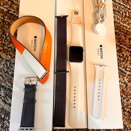 Apple Watch Series 3

Aluminium case 38mm

Charger, original white Apple strap comes with S/M and M/L

Also has leather wrap around strap and material dark purple sport strap

With box

Like new - now scratches or dents

We have upgraded so looking to sell