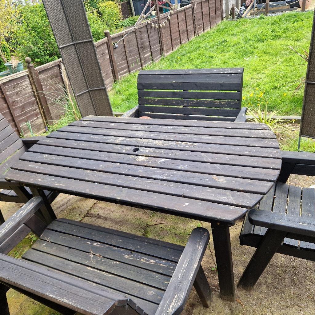 The Charles Taylor Six Seater Rectangular Wooden Dining Set is a traditionally styled wooden garden furniture set with high backs for comfort.
Featuring two traditional wooden garden chairs with 2 two seater garden benches around a large wooden rectangular table.
The table does not come with a parasol. Arm loose on one chair can easily be fixed.
COLLECTION ONLY