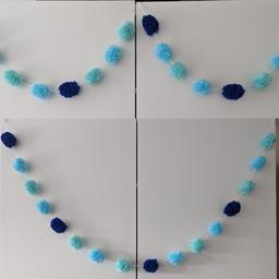 Handmade mint, baby blue and royal blue pom pom garland 💚🩵💙
Over 60 inches long. Can use either across a wall long ways or pinned in the middle to drape into two ✨ £5