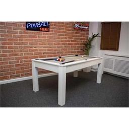7 ft pool dining table in white oak finish also doubles up as table tennis table , minimal marks , grey cloth , come with all balls , bats pool cues x:2, triangle , rest, some extras which will be given at time of sale , I am moving house so this is stored at lock n store in riverside nn3 for collection only please as I cannot deliver , very reasonable price and is a great looking table both for dining and entertain, I have prices this low for a quick sale