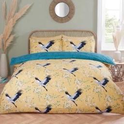 Crane Floral duvet set 

This Cranes design will add a splash of colour and quirkiness to any bedroom. Featuring elegant cranes in flight on an ochre backdrop. Fully reversible with a printed lace pattern reverse in teal.  Made with 180 thread count microfibre making it durable and machine washable. Single includes 1 reversible pillowcase, double and king size include 2 pillowcases. Popper fastening.

Single £10.00
Double £14.00
King size £16.00

You are buying single 

Brand new