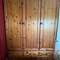 Triple pine wardrobe with double hanging space and single hanging space. 3 smaller drawers and 2 larger drawers at the bottom for extra space.
Like new only few slight marks. Buyer must take down on collection. We will help if needed. From smoke free home 