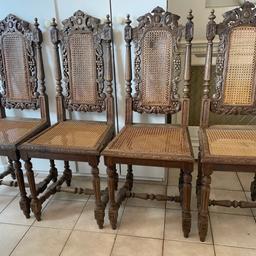 4 X 17th Century Style Antique Oak Caned Dining/hall Chairs
It’s quite rare to get 4 chairs in this style all together. 
Ideal dining chairs or hall chairs 
Beautiful detailing and patina to the wood.
Victorian oak chairs with caned back end seats in the style of 17th century chairs. 
They are solid and sturdy . Comfortable .
Please see photos for description 
Viewing welcome.
