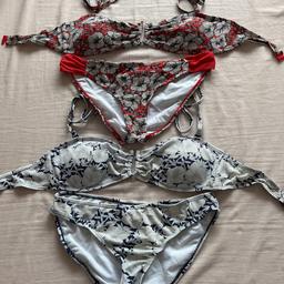 Bundle of 2 red and blue bandeau style bikinis with removable halter straps, by Dorothy Perkins. Bottoms are both size 8 and tops are both size 12, but fit more like a 10.
Both worn a good few times, but washed and still in good condition.
Happy to sell separately for £1.50 each, or £2.50 for both.