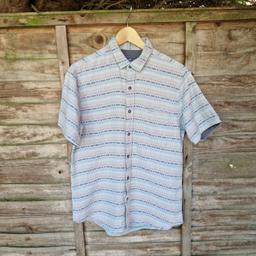 Topman size size medium shirt. Classic fit. Pale grey/ blue with colourful patterned rows design. Curved hemline. Brown button-up front. Chest pocket. Short sleeves. Short collared neck. 
Chest measures 38"-40"
Length 28"
Spare button inside 
100% cotton