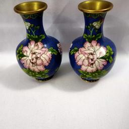 BEAUTIFUL VINTAGE PAIR OF CLOISONNE BLUE VASES REAL OPPOSITE PAIR LOVELY FLORAL DESIGN APPROX 5 1/4" HIGH GREAT CONDITION.