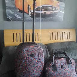 Set of Cabin Suitcase and Bag,Grey & Orange Leopard Print, Telescopic Handle ,2 Wheels Goid Condition from smoke and pet free home, Selling for £20 the pair NO OFFERS PLEASE. NO HOLDING.