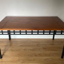 Wooden table top
Metal table legs
Chairs x6
Great condition
A few marks but nothing major.

Table:
Length 59”
Width 35”
Height 30”

Chairs:
Back height 39”
Seat height 18”
Width 18”
Seat depth 18”