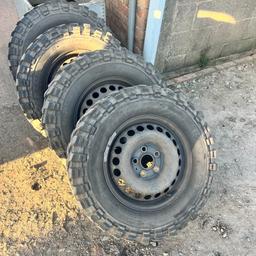 4 tyres. Raptors. 245/70/16 on steel rims 5stud. Came off my transporter t5. 3 very good tyres but 1 has uneven wear due to my wishbone bush worn see pic. Quick sale.