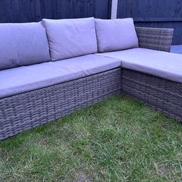 Garden Corner Sofa Set
Year old great condition a little wear on cushions but you can get new covers. 

Table: (H)31 x (W)45 x (D)45cm

2 Seater sofa: (H)62.5 x (W)131 x (D)70cm

Corner section: (H)62.5 x (W)140 x (D)80cm
150 OnO cash on collection.