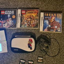Nintendo ds lite with 7 games, charger and stylus pen included. Hasn't been used much but works perfectly fine.
