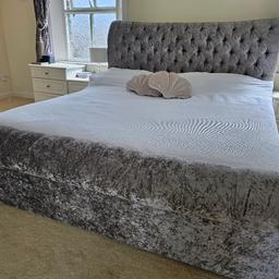This beautiful Velvet Grey bed frame is in perfect condition, giving away with suitable mattress. 
Originally cost over £3000. 
Super King size, regal yet modern. 

Flaw shown in image 
W 80inch x L 98inch