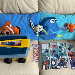 -2 x finding memo and dory cushions, both with an string attached animal that hides within the pocket. (Good)

-A pull along wagon with lid which also acts as a small storage box. (This is literally Like new, we put it away when my child was young and totally forgot about it) suitable for toddler / preschooler. 

-A new pack of underwater sea animal stickers

-4 x sheets of finding memo stickers (3 are new and full of stickers, 1 sheet has 1 big sticker used)

Collection from lanesfield Wolverhampton WV4 6PU