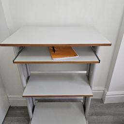 Standing Desk. Workstation Terminal table.
Ideal for home office as standing desk; or for shop reception desk.
Second hand, very good conditions.
Fully assembled.
Top desk is 75cm wide and 50 cm deep, ideal for computer monitors.
The second top drawer slides out – see photos. Ideal for keeping computer keyboard.
Height 175cm
Depth 50cm
Width 75cm
It can also be sold with a high office chair. Ask for details of the chair and cost.
Collection in Sutherland Avenue W9, London
Nearest tube