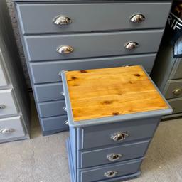 Large chest of 6 drawers £90
77cm wide
41cm depth
97cm tall
Pine chest of 6 drawers
Frenchic grey colour
New silver handles

X1 3 drawer bedside table  £35
45cm wide 
34cm depth 
66cm tall 
Frenchic grey 
New silver handles 


Individually priced or £120 set