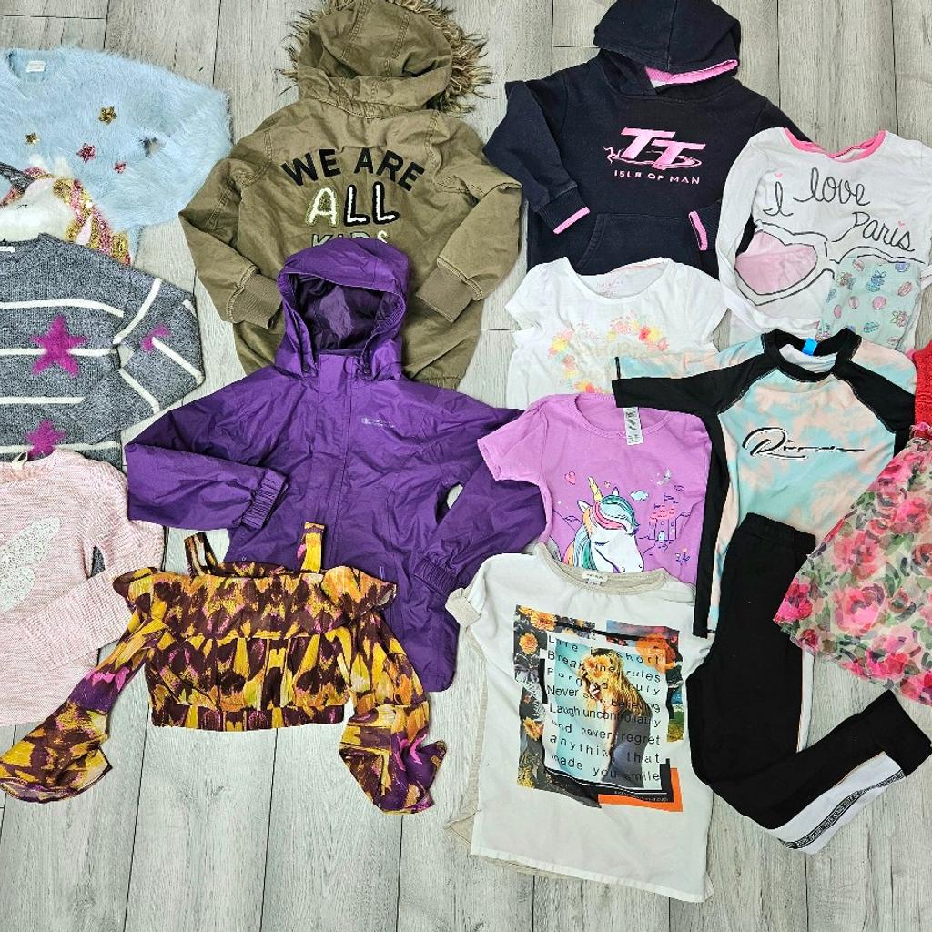Includes:
3 x jumpers (primark next f&f)
1 x crop top (River island)
1 x raincoat ( mountain warehouse)
1 x winter coat (h&m)
3 x short sleeve top (carters River island, Isaac mizrahi)
1 x hoodie (tt isle of man)
1 x pyjamas (the children's place)
1 x swimming top (River island)
1 x joggers (River island)
1 x dress (the children's place)