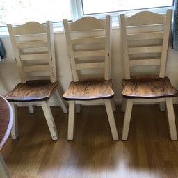 Set of 6 dining chairs. Solid Dutch Oak. Would look great in a country style kitchen/dining room. Great condition and very heavy! Lovely grain on the seats and paintwork is original. 
Priced for quick sale - £120-Bargain!!!