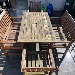 Garden furniture for sale. 
6 seater table with 2 x benches & 2 x chairs. 
Very strong not cheap rubbish. 
Could do with a sand and varnish or just leave it as it is. 
Collection only from Birmingham.