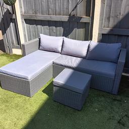 Immaculate condition
SELLING IN ARGOS FOR £350
L shape can go at either end
Bought last summer but changing decor so no longer wanted
Very well taken care of
Covers are machine washable

width 76 inch
depth of L lounger 55 inch
depth of 2 seats 27 inch
height to top of arm 24 inch
storage box depth 17.5 by 17.5