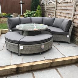 Bought from Bents but now we’ve changed garden around it’s too big. Lovely comfy seats and cushions very good quality.Perfect for parties and family get togethers. Can deliver within reason