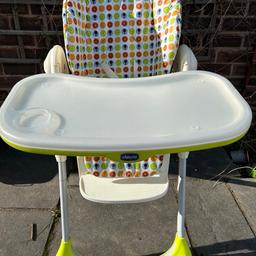 Chicco Polly high chair
Small crack in plastic on tray otherwise really good condition 
Goes into smaller chair and lays down