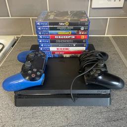 1 console
2 controllers
1 silicone controller cover
1 power lead
1 charging cable
9 games:
Fallout 76 (unopened)
Borderlands 3
Red dead redemption
Dishonored 2
The evil within 2
Mad max
The surge
Assassins creed Valhalla