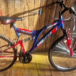 Mens full suspention mountin bike, 26 inch wheels, 19 inch frame, 18 speed grip shift gears. New rear brake cable, new gear cable, new handlebar grips.
Excellent condition and excellent working order.
£60
Can deliver for extra cost