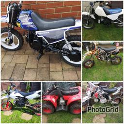 Iv got this lot.
Wanting to either
Swap or ptx for.

 A 5 door petrol car
Ie.
Ford Focus 1.6 petrol
Vw golf
Seat leon
Seat ibiza
Ford fiesta 

Or others 
Must have plenty of mot 
And decent engine

No diesels or 3 door cars 


Ktm 50 replica 
Runs needs work 

Jianshie 80 
Needs work. Runs 
Noisey bearing 

White 125 pit bike 
Needs nothing 

Other pit bike 110 
Needs nothing 

Quad 50cc semi automatic
Needs battery runs
And rear break shoes

These are collection only