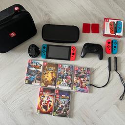 Nintendo switch bundle includes 
~ storage bag 
- case
- 6 games as seen in pic 
-controls pad adapter (Nintendo original) 
- charger 
- extra switch control adapters