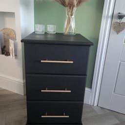 Small drawers on wheels so easily loveable

Lined drawers

Painted black with gold T bar handles

Dimensions 
43cm wide x 42cm deep x 69cm high

Collection Meanwood LS6