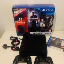 PS4 slim 1TB in excellent overall condition console works perfectly with no issues comes with 3 games and 2 controllers 

Please see all pics

Console will be shown working before payment is made so you can buy with confidence.

What u get -
PS4 slim 1TB console
All required cables
Original controller
3rd party controller (works perfectly) 
charge cable
3 games (see pics)

Collection or local delivery available

£135

Thank you for looking 

*From A Smoke & Pet Free Home*