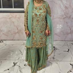 A beautiful jade green gharara palazzo , only wore once for 3 hours, Original price £400, now on for £80, banarsi design gharara/wide leg palazzo with beads, beautiful gold beaded embroidery on net kameez, elegant and glamorous. Comes with net scarf, worth the price, to fit size uk 8/10 and 12 you can make adjustments if needed, jewellery available separately please ask if interested, offers will be looked into.
