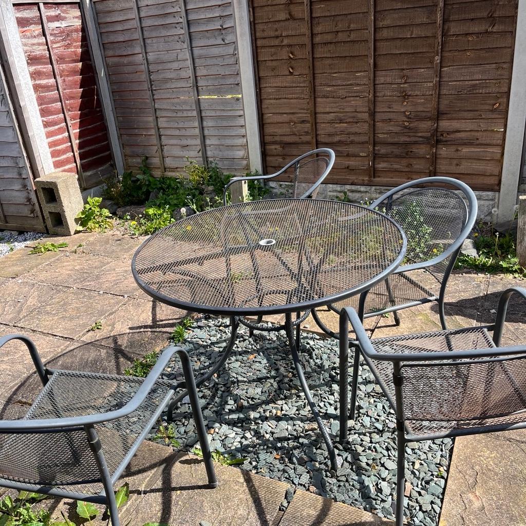 Garden metal chairs and table good condition with seats cover included.