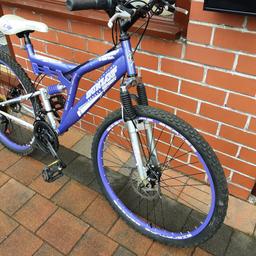 Ladies Dunlop SIGNATURE SPORT  gravel bike. Good condition 18 gears with grip shift, good tyres,  full suspension front and rear,
disc brakes and a beautiful purple/lilac colour, ideal for ladies.