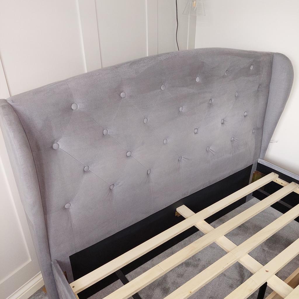 Grey Velvet Double bed with 4 storage drawers. Good used condition, very little damage, owned for 6 years. Selling as changing colour scheme of room.

Dimensions:
Height headboard 110cm
Hight footend 38cm
Length 213.5 / 7ft
Width foot end 144cm
Width headboard 151cm
Internal draw dimensions
Small draw 54.5cm x 47cm height 16cm
Big draw 76cm x 47cm height 12cm

Link to website purchased from:


A little damage to underneath of frame see photo.