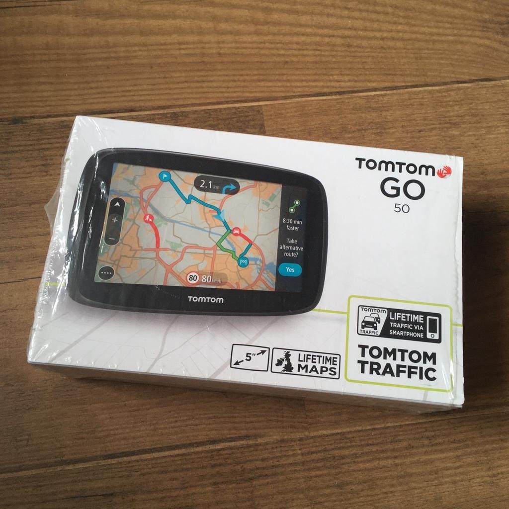 TonTom Go 50 Sat Nav with Western European Maps and Lifetime Map and Traffic updates.

5 inch screen.
Integrated mounting flip screen.
Enhanced lane guidance.
Fixed speed camera alerts.
Lifetime map and traffic updates.

Opened but hardly used. Still with cellophane protective covers, manual, charge USB lead and box. Condition like new.
* Requires USB car charging port.

Collection only.