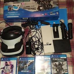 PS4 VR with camera, headset, two move controllers and 4 games, Drive Club VR, Ironman, Firewall Zero Hour (and aim controller) and Blood and Truth. Condition is Used but rarely, all wires and connections needed all in original packaging. Only selling due to upgrade