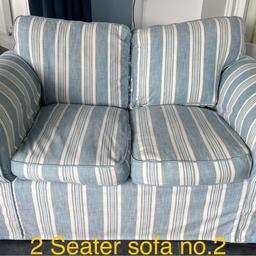 Originally from: Sofa Sofa (Online Shop).

A “Newport” 2 seater sofas & chair in Capri Blue Stripe for sale 2 seater sofa (2 available) Chair (1 available) In very good condition, 4 years old. Machine washable. Dimensions in attached pictures as well as price that was originally paid shown Individual prices: 2 seater sofa £170 each Chair £110 Discount for full set of 3 - £425. (Buyer Collects)

Telephone Rob on: 07485 402670